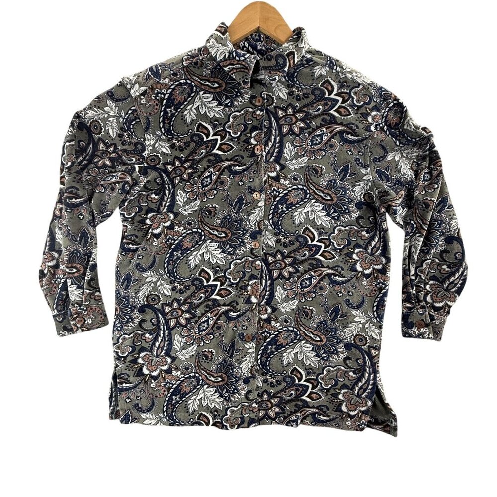 Capacity Knits Shirt Womens Small Green Paisley Button Up Tunic Boho Cottage 90s